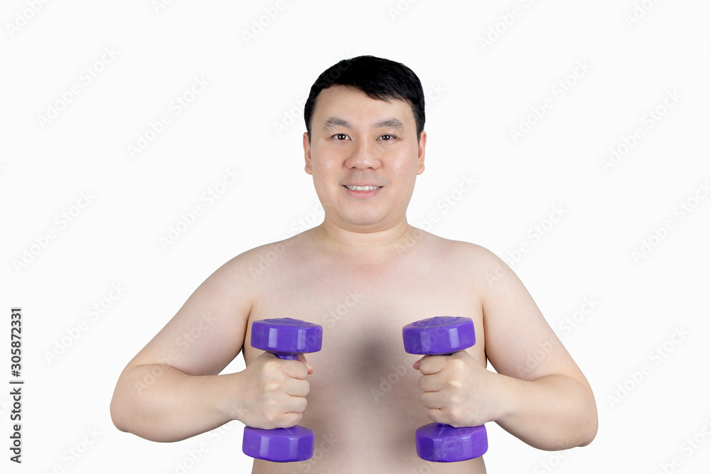 Portrait of young Asian overweight man smiling and exercising with dumbbells isolated on white background. Healthy lifestyle, body shape and sport concept. Portrait of young Asian overweight man smiling and exercising with dumbbells isolated on white background. Healthy lifestyle, body shape and sport concept.