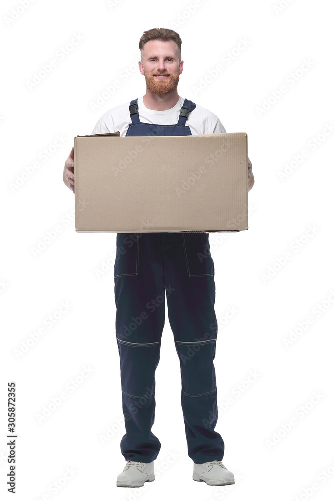 confident man with a cardboard box . isolated on white confident man with a cardboard box . isolated on white