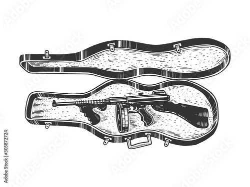 Thompson submachine gun in violin case sketch engraving vector illustration. T-shirt apparel print design. Scratch board style imitation. Black and white hand drawn image.