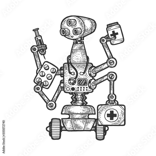 Physician medical doctor robot sketch engraving vector illustration. T-shirt apparel print design. Scratch board style imitation. Black and white hand drawn image.