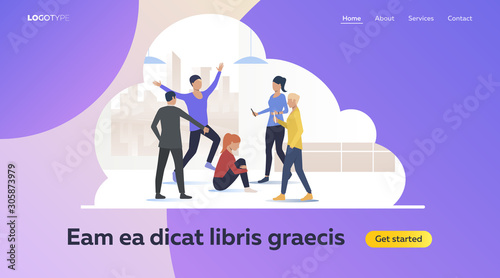 Colleagues standing around depressed lonely employee. Intimidate, bullying flat vector illustration. Office bullying and harassment concept for banner, website design or landing web page