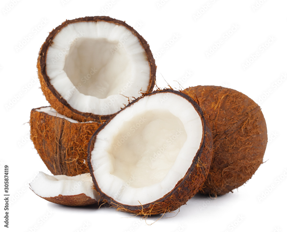 broken coconut on a white background close up broken coconut on a white background close up