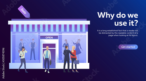 Shoppers standing near shop front. Business, shopping, sale flat vector illustration. Fashion or boutique concept for banner, website design or landing web page