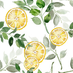 Papier peint photo Fruits aquarelle patrons Citrons aquarelle fond bleu clair  © Karma