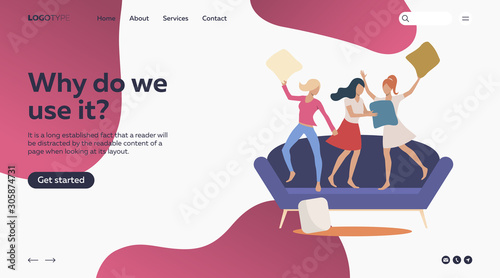 Young women standing on couch and pillow fighting. Fun, lifestyle, party flat vector illustration. Friendship, weekend, leisure concept for banner, website design or landing web page