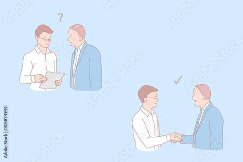 Cooperation stages, question and agreement, job offer and handshake, making deal concept