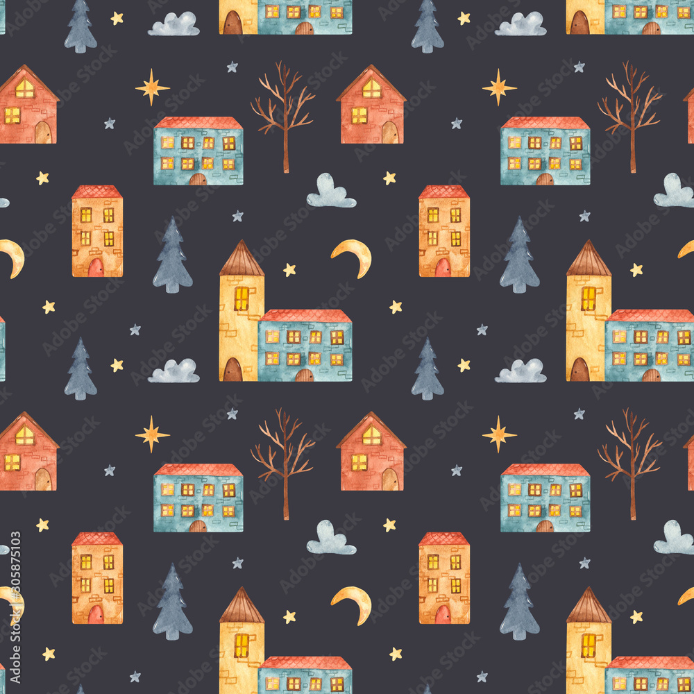 Seamless pattern city and watercolor houses