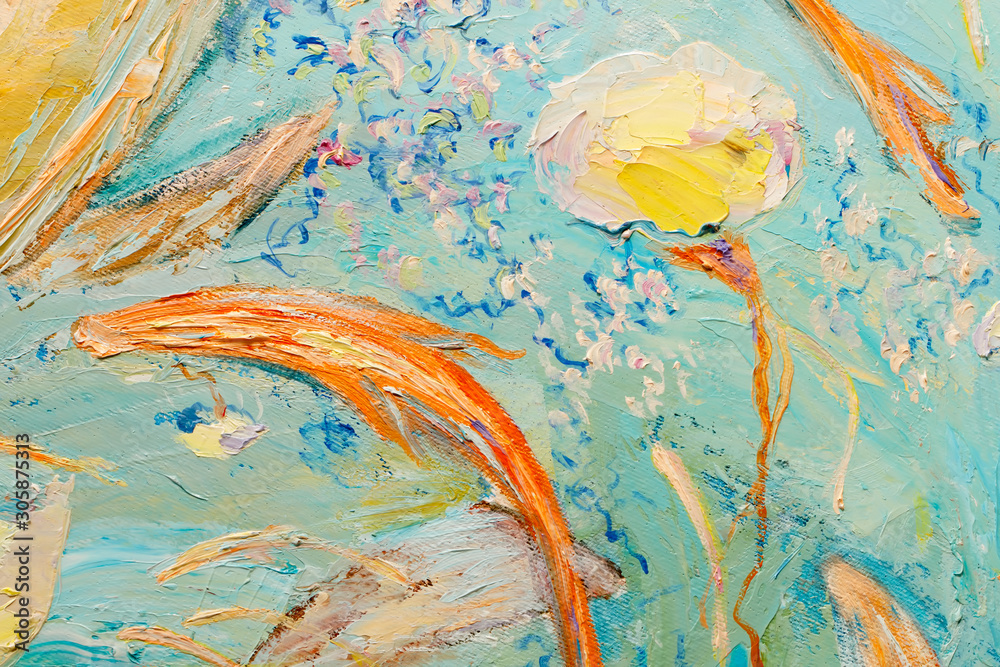 Blue and yellow abstract oil painting as background. Close-up part of ...