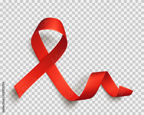 Realistic red ribbon isolated over white background, world aids day symbol, 1 december. World cancer day symbol, 4 february. Design template. Vector illustration