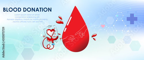 Blood donation design. Creative donor poster. Blood Donor banner. Red drop. Donation volunteer. Blood donation medical poster. Save human life concept. Vector illustration