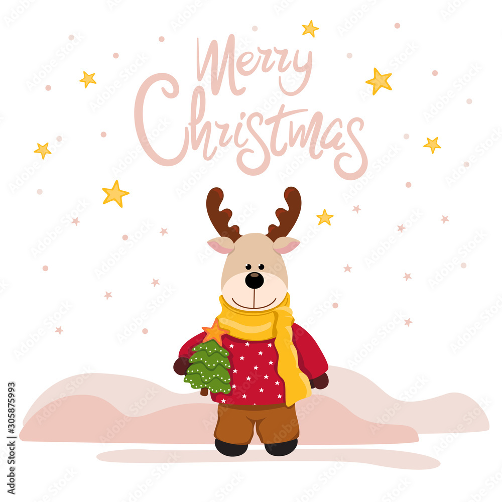 Christmas card with little deer baby with christmas tree in hand and stars and lettering on white background. Vector illustration Christmas card with little deer baby with christmas tree in hand and stars and lettering on white background. Vector illustration