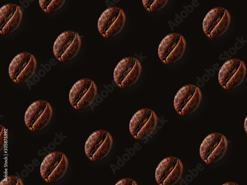 Pattern of coffee beans on a dark background. Macro. The concept of growing and making coffee. Background stylish image, minimalism, top view, flat lay.