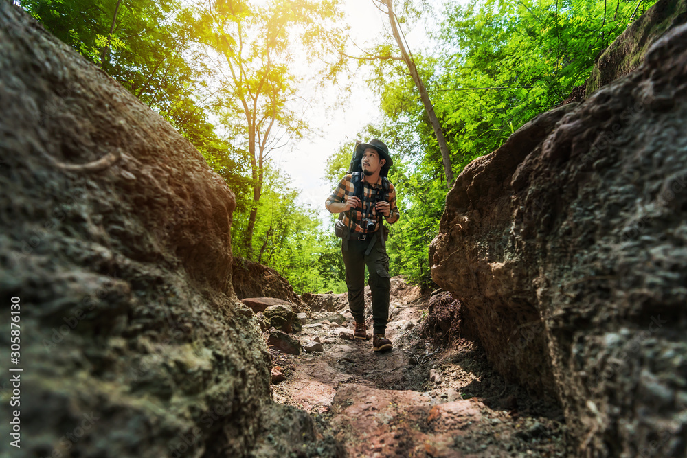 man traveler with backpack walking and looking in the forest man traveler with backpack walking and looking in the forest