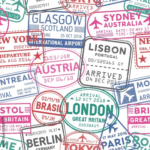 Photography Visa stamps vector seamless pattern