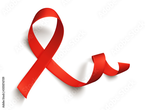 Realistic red ribbon isolated over white background, world aids day symbol, 1 december. World cancer day symbol, 4 february. Design template. Vector illustration