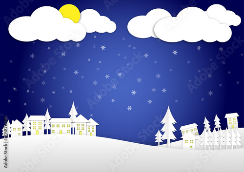 Winter landscape with house on a moonlit night. Snowy trees and house in a park or forest with cloud  snowflake and yellow moon  Christmas paper cut decoration background.