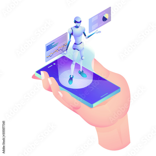 手が持つスマートフォンの上のAIアシスタント