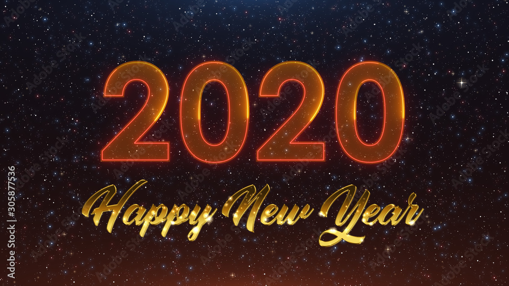 Happy New Year 2020 Lettering With Gold And Neon Light Style Against Orange Blue Dark Starry Sky Background