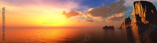 Fototapeta Piękny zachód słońca nad morzem w pobliżu skał, panorama krajobrazu morza o wschodzie słońca. renderowania 3D.