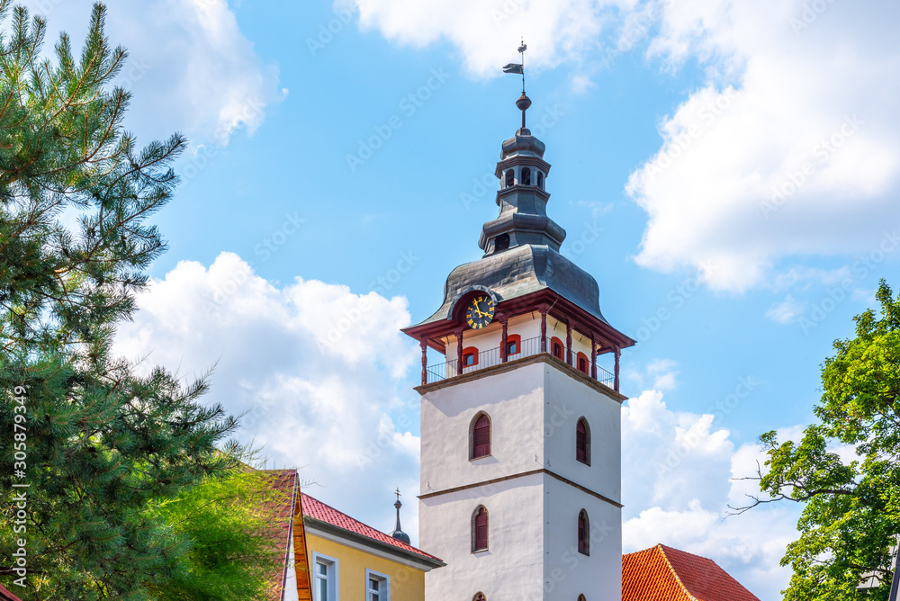 Belltower of small rural St. Michael Church in Jistebnice, Czech Republic