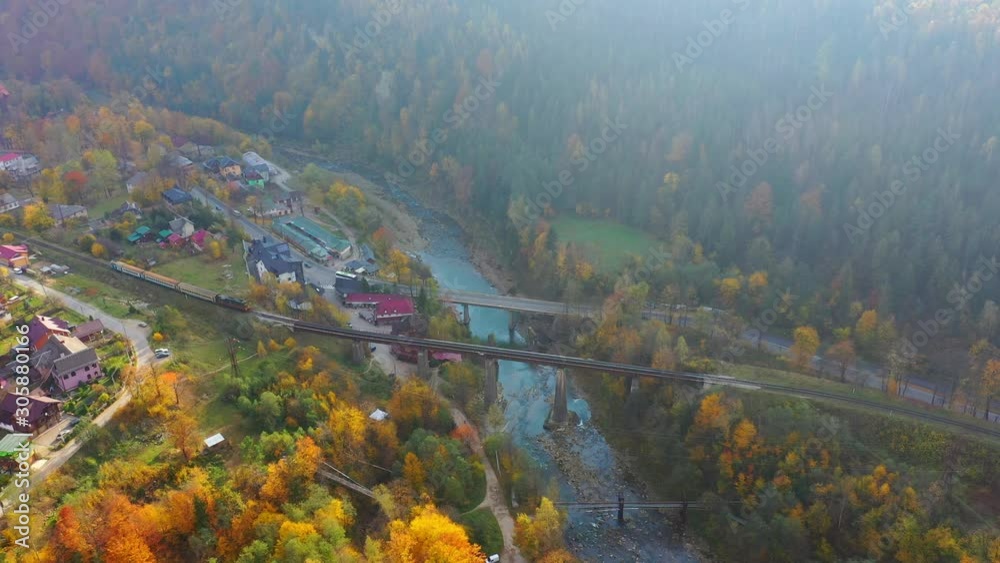Aerial Drone video flying over railway bridge in Carpathians mountains, Yaremche, Ukraine Aerial Drone video flying over railway bridge in Carpathians mountains, Yaremche, Ukraine