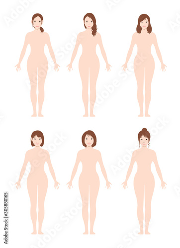 Standing woman's  nude body silhouette / outline shape vector  illustration set