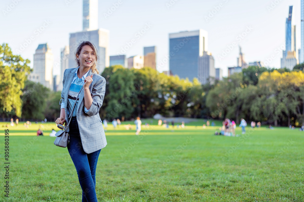 Blonde caucasian woman at central park in New York