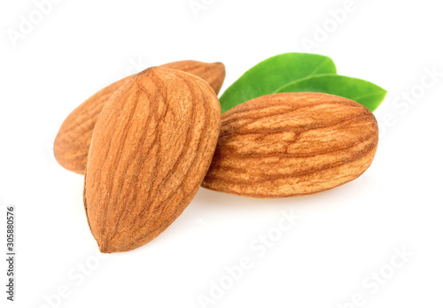 Almond seed with leaves Almond nut isolated on white background