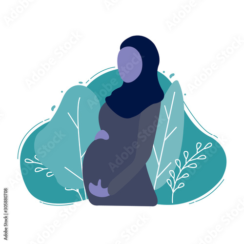 Muslim pregnant woman wearing abaya and blue hijab. Modern flat style vector illustration isolated on white background.