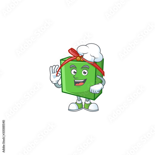 Happy Chef green gift box cartoon character with white hat