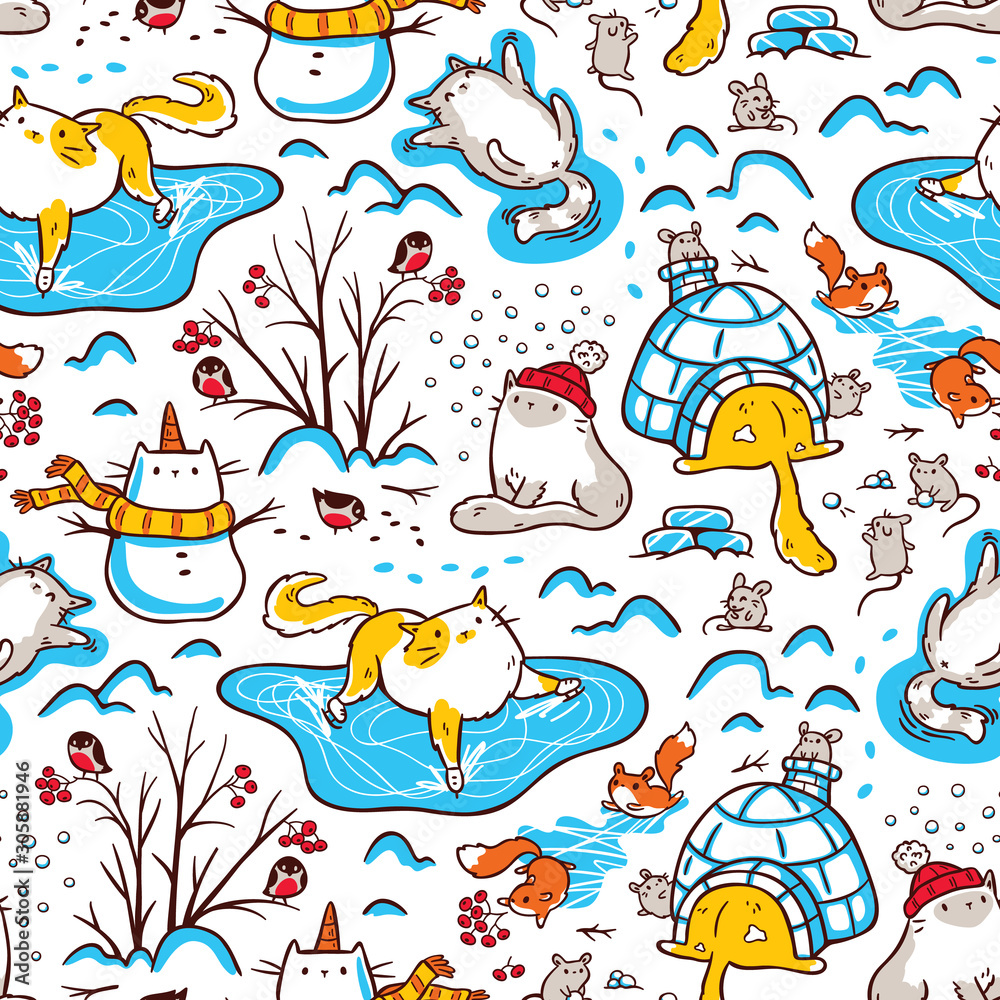 Cats, mice, squirrels and bullfinches doing winter activities. Cute and funny repeat pattern on white background, vector design for apparel, textile or wrappings.