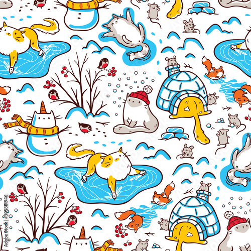 Cats  mice  squirrels and bullfinches doing winter activities. Cute and funny repeat pattern on white background  vector design for apparel  textile or wrappings.