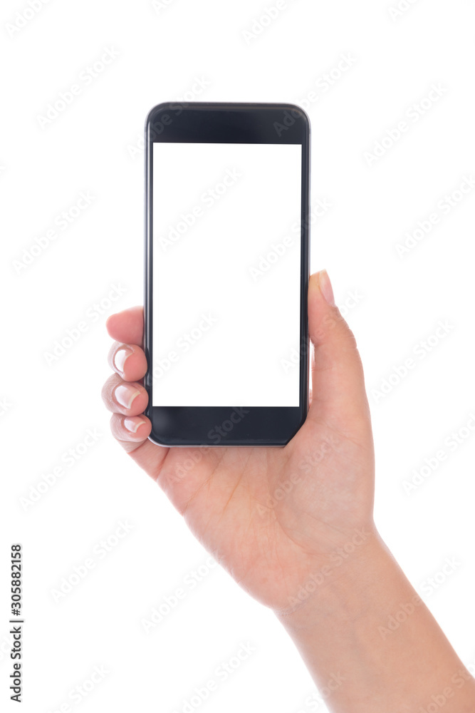Smartphone with a blank white screen. New popular smartphone in hand on white background Smartphone with a blank white screen. New popular smartphone in hand on white background