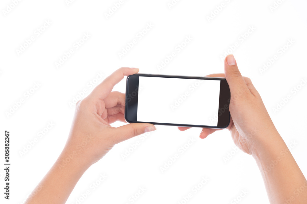 Smartphone with a blank white screen. New popular smartphone in hand on white background Smartphone with a blank white screen. New popular smartphone in hand on white background