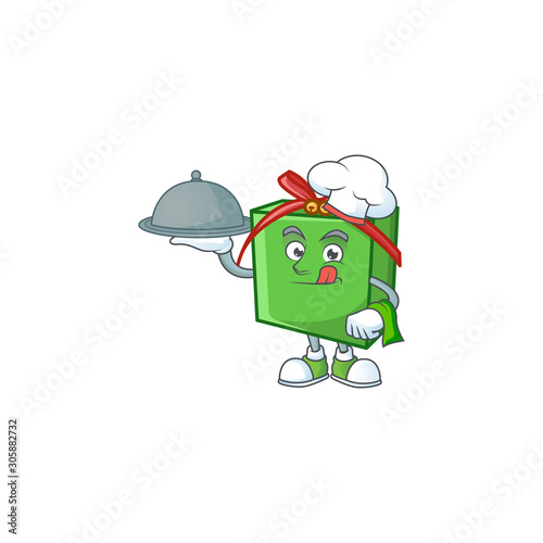 smiling green gift box as a Chef with food cartoon style design