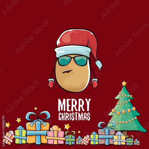 vector funky comic cartoon cute brown smiling santa claus potato with red santa hat, gifts, tree and calligraphic merry christmas text isolated on red background. vegetable funky christmas character