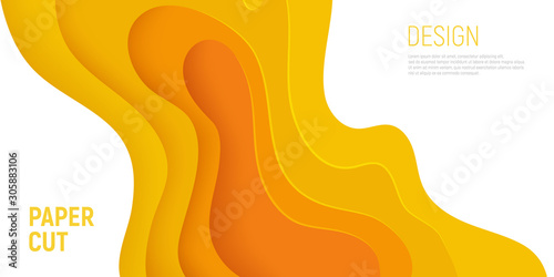 Yellow paper cut banner with 3D slime abstract background and yellow waves layers. Abstract layout design for brochure and flyer. Paper art vector illustration