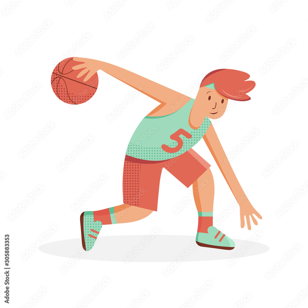 Happy basketball player in uniform playing with a basketball ball a Young athlete is playing a sports game. Cartoon vector illustration. Sports and healthy lifestyle. Flat style.