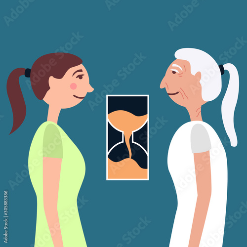 Young girl and old lady antiage time.  Comparison of old age and youth. The hourglass shows transience. Vector illustration