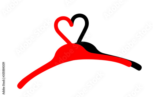 Two hangers faced together with hooks in shape of heart. Concept illustrating love to shopping clothes. Logo, brand identity, symbol of shopping, sale, sewing, atelier, laundry, hotel services