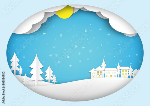 Winter landscape with house on a moonlit night. Snowy trees and house in a park or forest with cloud, snowflake and yellow moon, Christmas paper cut decoration background. © Yanisa