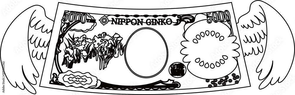 Obraz premium Feathered Back side of Deformed Japanese 5000 yen note outline set