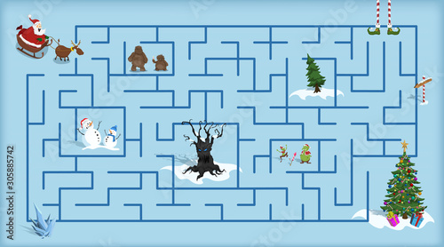 Christmas maze. Kids labyrinth. Cartoon game: search the path. Help Santa find the way to xmas tree. Winter holiday puzzle