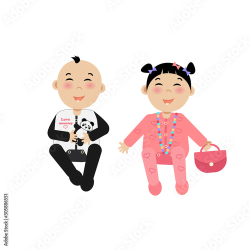 Two Asian kids, a girl and a boy. Isolated on white background. Stock vector graphics.