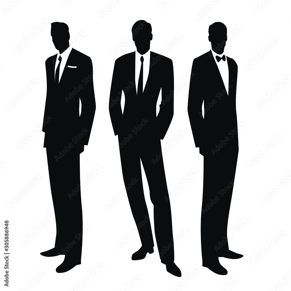 Silhouettes of three men in the retro style of the 50s or 60s isolated on white background