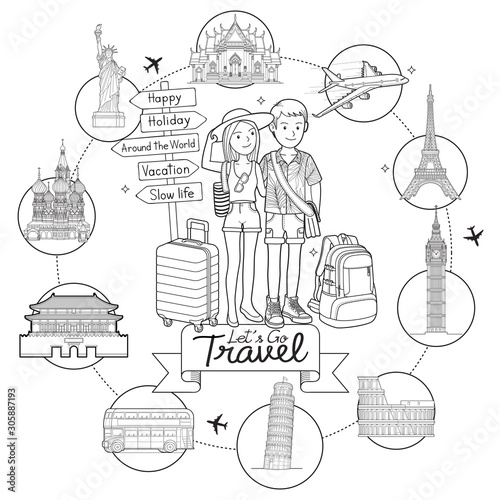 Two people man and women go to travel around the world famous landmark doodle art hand drawing sketch style vector illustrations.