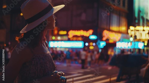 Young photographer with a retro camera in Times Square at night