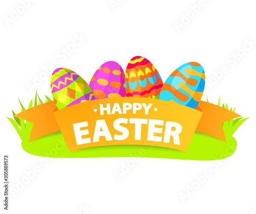 Festive banner. Happy Easter eggs on a grass the painted lie ornament. Flat illustration vector.