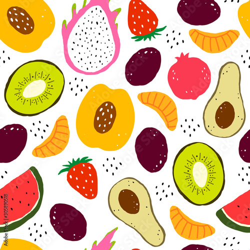 Fototapeta Naklejka Na Ścianę i Meble -  seamless pattern with cartoon fruits. Flat colorful vector ornament. hand drawing. design for fabric, textile, print, wrapper