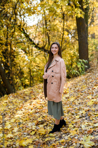 Autumn park. Beautiful woman in green dress posing in autumn park with yellow leaves